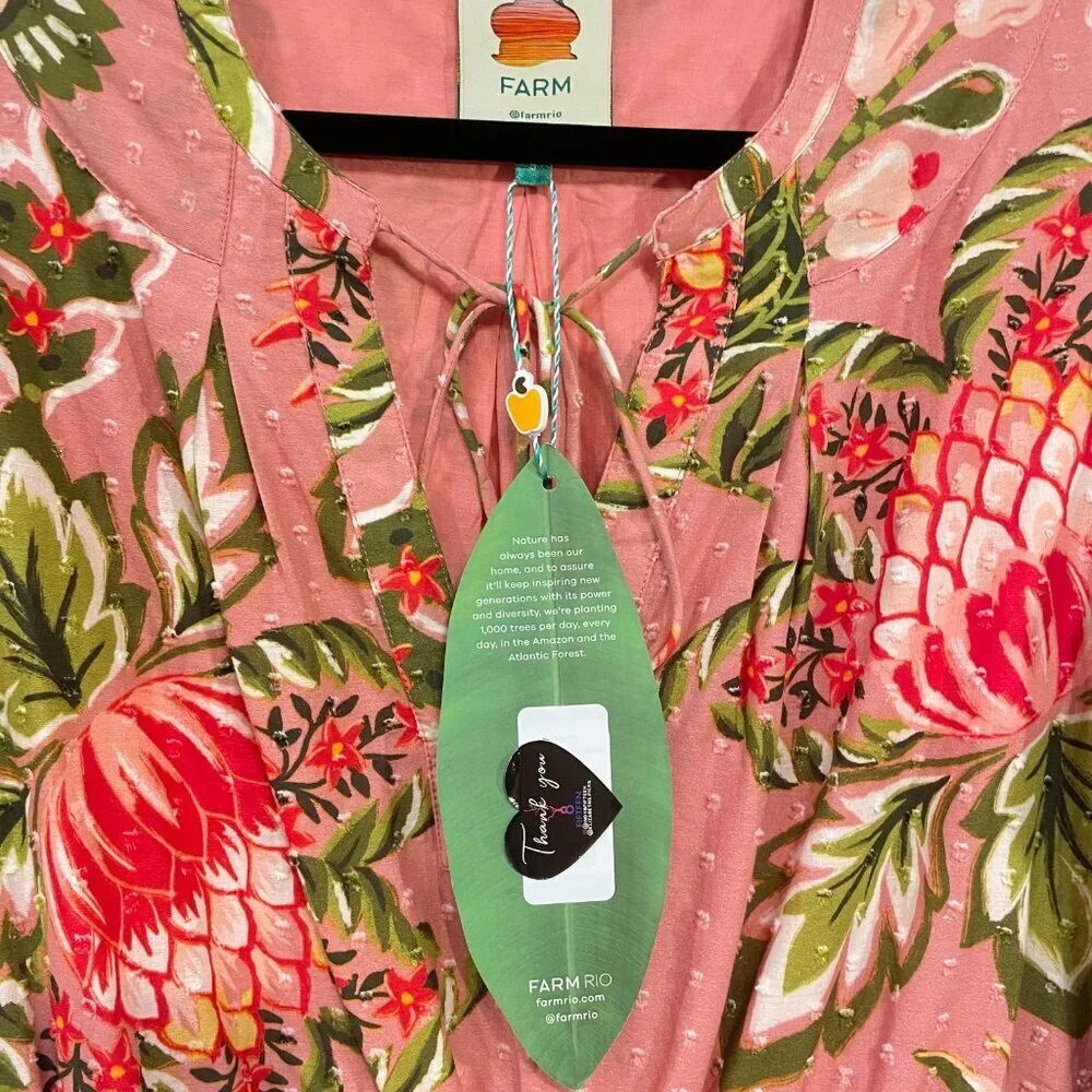 New Farm Rio Aura 100% Cotton Floral Peasant Mini Dress Pink Small - Picture 7 of 9